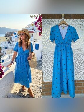 KARAVAN Greece Blue Rose Print Maxi Dress S Boho Whimsical Cottagecore Romantic